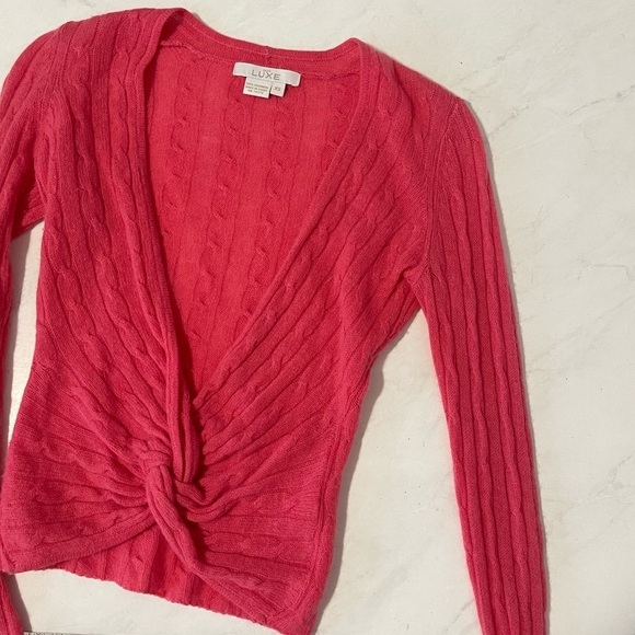 Cache Luxe Hot Pink Twist Front 100% Cashmere Tie Sleeve Sweater Size XS - Picture 3 of 5